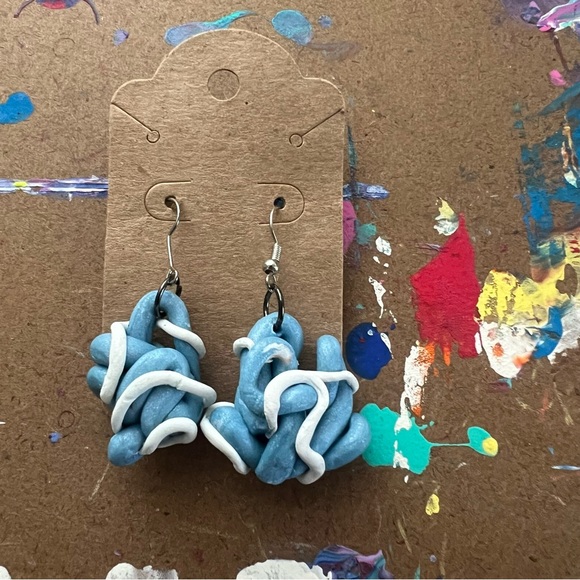White and Blue Messy Ball Earrings - Picture 2 of 5